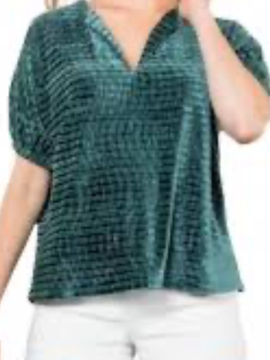THML Tops - THML Teal Velvet Short Sleeve V-Neck Blouse